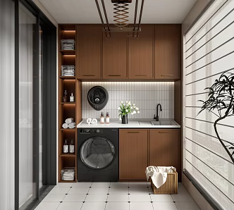 Antique Balcony Washing Machine Cabinet Washing Machine Laundry Room Drying Rack Roman Curtain 3d model