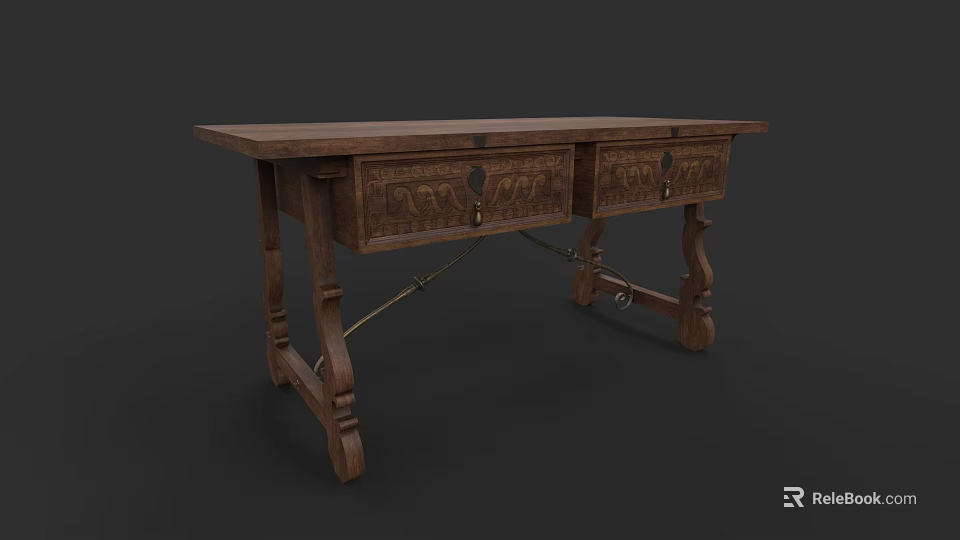 Wooden Dining Table Set with Vintage Design and Carved Legs and Drawers 3d model 