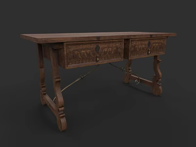 Wooden Dining Table Set with Vintage Design and Carved Legs and Drawers 3d model