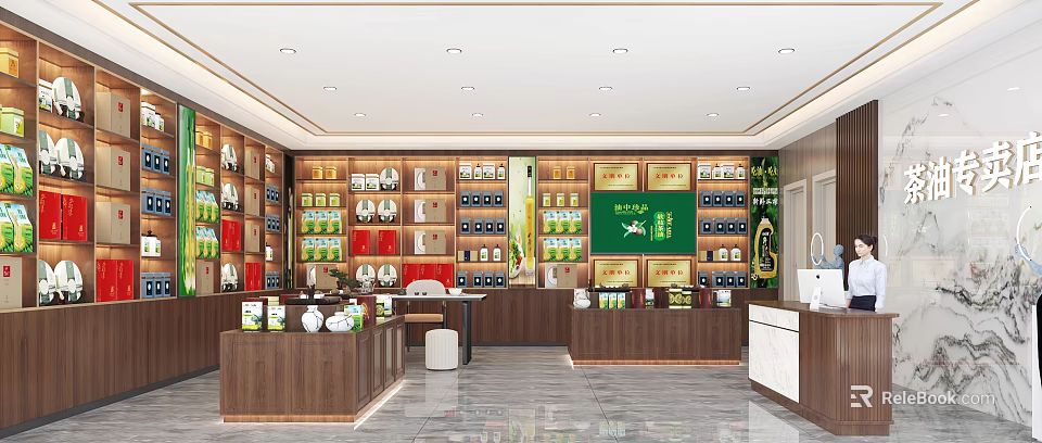 Traditional Tea Store Interior With Wooden Display Shelves Green Signage And Various Tea Products 3d model 