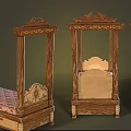 Classic Wooden Four Poster Single Bed With Carved Headboard Pink Checkered Mattress And Decorative Pillows