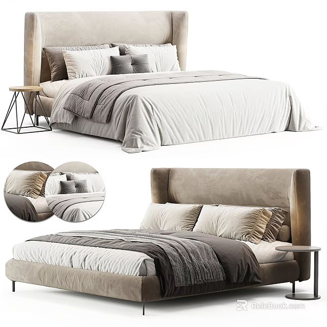 Double Bed With Upholstered Headboard And Neutral Linen Bedding Pillows Plus Side Table 3d model 