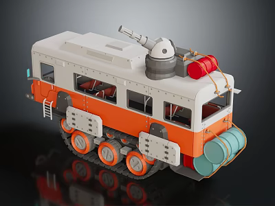Orange and White Functional Vehicle with Caterpillar Tracks Turret and Red Oil Drums 3d model
