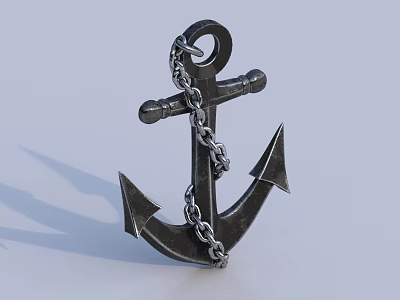 Decorative Black Metallic Anchor With Shiny Linked Chain And Sharp Fluke Details 3d model