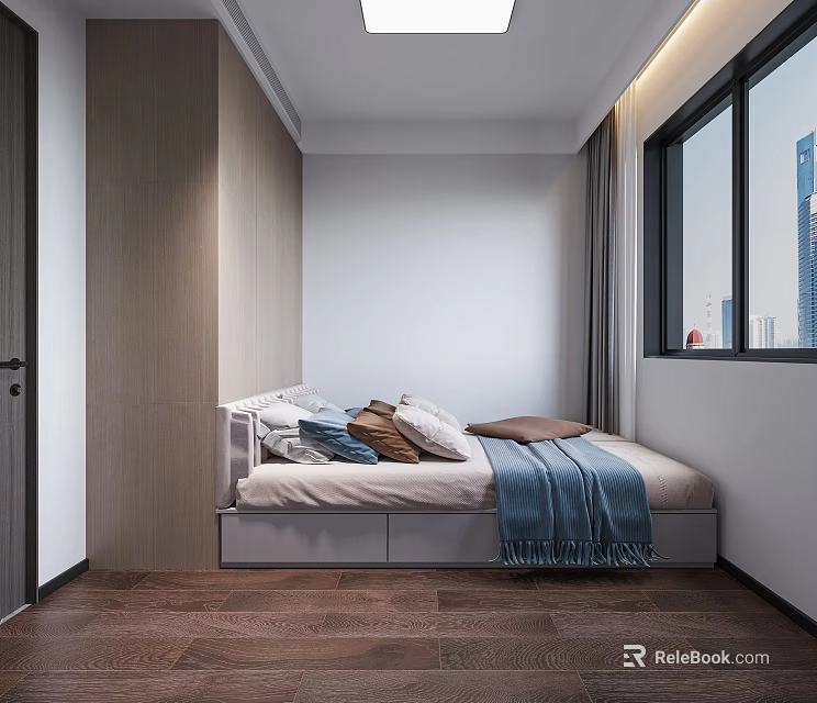 Modern Tatami Bedroom with Wooden Wall Panels Bed Pillows Blanket Built-in Storage and City View 3d model 