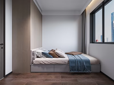 Modern Tatami Bedroom with Wooden Wall Panels Bed Pillows Blanket Built-in Storage and City View 3d model