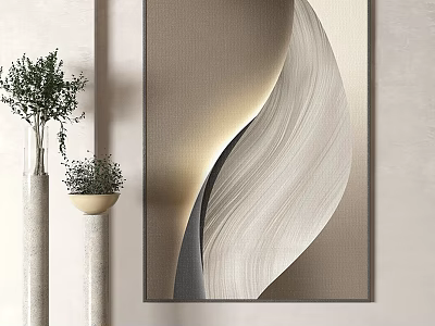Abstract Wave Pattern Wall Art With Neutral Tones And Potted Plants In Modern Interior 3d model