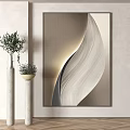 Abstract Wave Pattern Wall Art With Neutral Tones And Potted Plants In Modern Interior