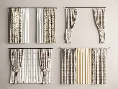Various Curtain Designs with Patterned Fabric Striped Panels and Draped Styles 3d model