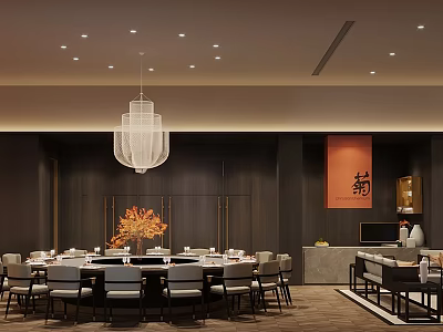 Elegant Private Room Interior Design With Round Dining Table Crystal Chandelier And Chrysanthemum Painting 3d model