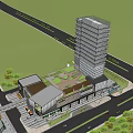 Modern Commercial Complex Architecture With Glass Curtain Walls Large Billboards Tower Plaza And Pedestrian Greenery