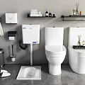 Modern White Toilets With Toilet Paper Holder Trash Bin Towel And Shelves With Toiletries