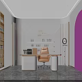 Modern Luxury Beauty Salon Reception Desk With Embedded Skincare Product Display Shelves And Warm Lighting