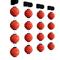 Red Spherical Chandeliers With Gold Patterns Hanging From Four Black Brackets Each Holding Three