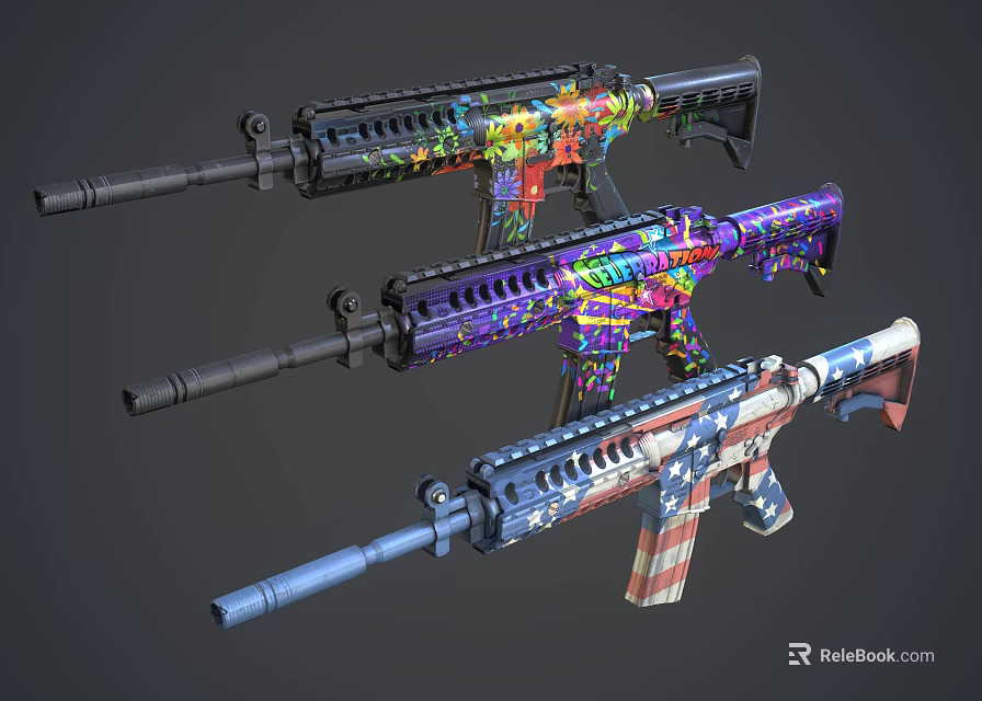 Tactical Rifles With Vibrant Colorful Patterns And Custom Artistic Designs On Dark Background 3d model 