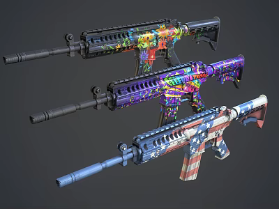 Tactical Rifles With Vibrant Colorful Patterns And Custom Artistic Designs On Dark Background 3d model