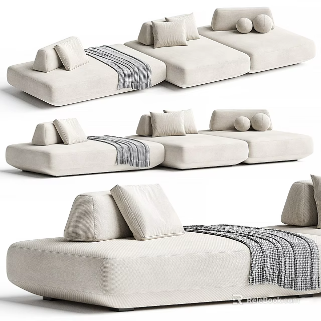 Modern Light Beige Sectional Sofa Featuring Decorative Pillows and Striped Blanket 3d model 