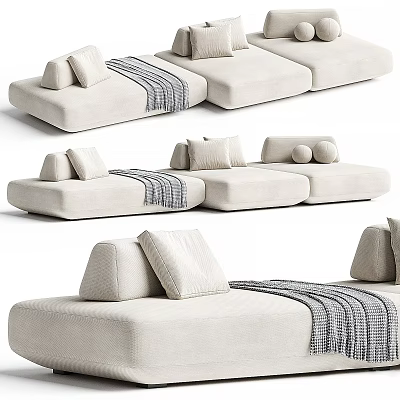 Modern Light Beige Sectional Sofa Featuring Decorative Pillows and Striped Blanket 3d model