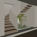 Modern Wooden Staircase Interior Design With Green Plants And Pebbles
