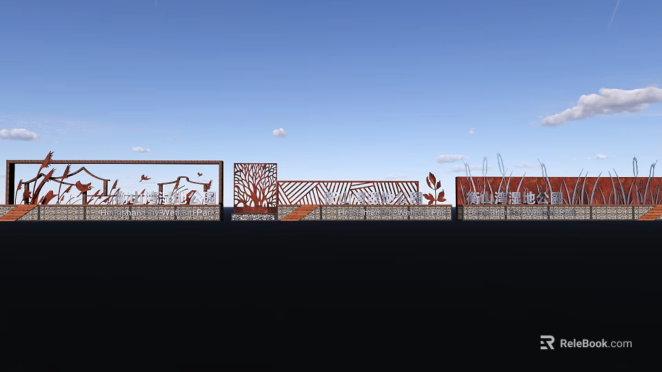 Red Laser Cut Outdoor Panels With Tree Bird Patterns Under Blue Sky 3d model