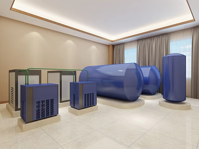 Blue Industrial Storage Tanks And Equipment Display In Modern Exhibition Hall 3d model