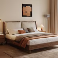 Cozy Modern Bedroom Interior With Wooden Bed Nightstand Table Lamp Wall Artwork Curtains And Rug