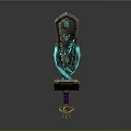 Magical Ancient Glowing Sword With Blue Runes And Gold Purple Pedestal
