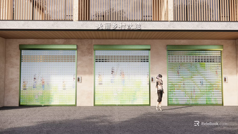Beautiful Countryside Construction Passage Building with Three Green Roller Shutters and Beige Exterior 3d model 