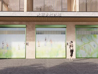 Beautiful Countryside Construction Passage Building with Three Green Roller Shutters and Beige Exterior 3d model