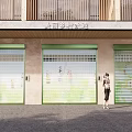 Beautiful Countryside Construction Passage Building with Three Green Roller Shutters and Beige Exterior