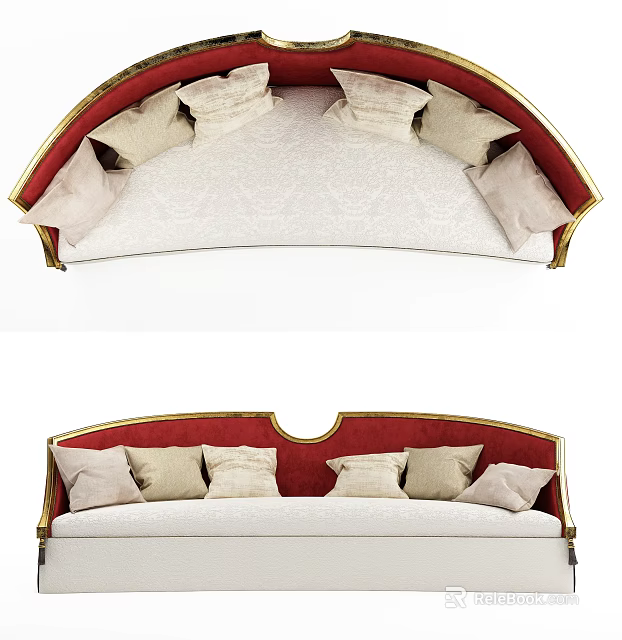 Luxurious Multi person Sofa with Curved Design Red Gold Trim and Beige Cushions 3d model 