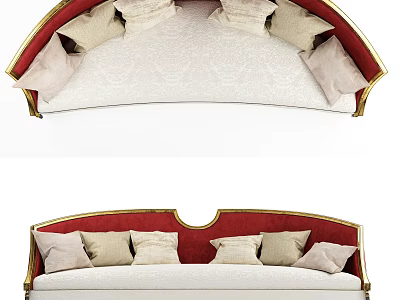 Luxurious Multi person Sofa with Curved Design Red Gold Trim and Beige Cushions 3d model