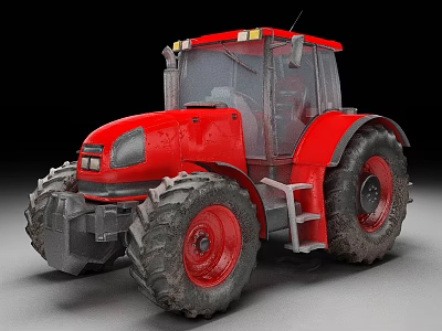Red Tractor Utility Vehicle With Large Tires Transparent Cabin And Roof Warning Lights 3d model