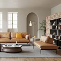 Beige Living Room Interior With Arched Doorway Brick Bookshelf Brown Sofa And Yellow Cushions