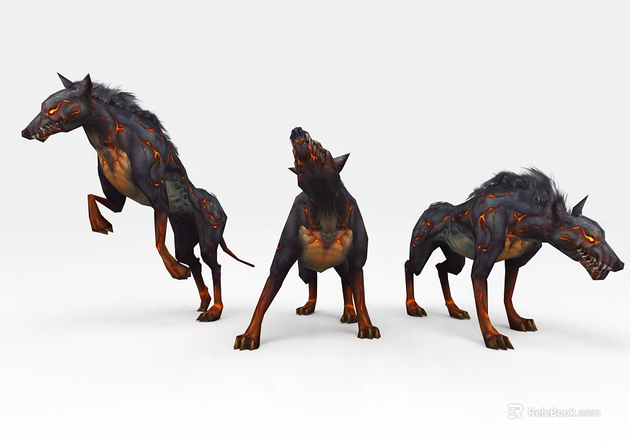 Three Wolf Like Game Movie Characters With Fiery Patterns In Dynamic Poses 3d model