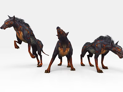 Three Wolf Like Game Movie Characters With Fiery Patterns In Dynamic Poses 3d model