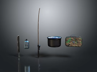 Daily Living Supplies Featuring Knife Small Bottle Long Rod Pot And Camouflage Lunch Box 3d model