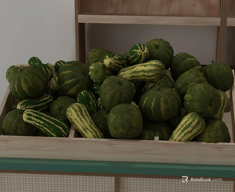Wooden Shelf Display With Fresh Green Pumpkins And Zucchinis Vegetables 3d model 