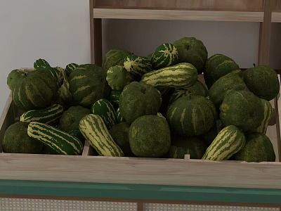 Wooden Shelf Display With Fresh Green Pumpkins And Zucchinis Vegetables 3d model