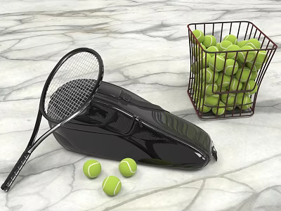 Tennis Sports Equipment With Black Racket Bag Scattered Balls And Full Basket On Marble Surface 3d model