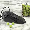 Tennis Sports Equipment With Black Racket Bag Scattered Balls And Full Basket On Marble Surface