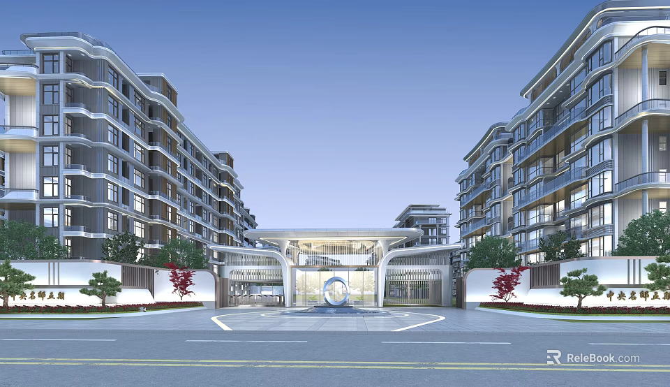 Modern Entrance Gate Surrounded By High Rise Buildings With Central Water Feature And Landscaped Gardens 3d model 