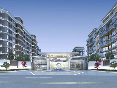 Modern Entrance Gate Surrounded By High Rise Buildings With Central Water Feature And Landscaped Gardens 3d model