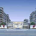 Modern Entrance Gate Surrounded By High Rise Buildings With Central Water Feature And Landscaped Gardens