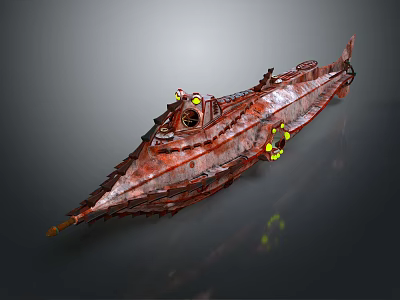 Rusty Futuristic Submarine With Yellow Lights Metallic Mechanical Details And Worn Texture 3d model