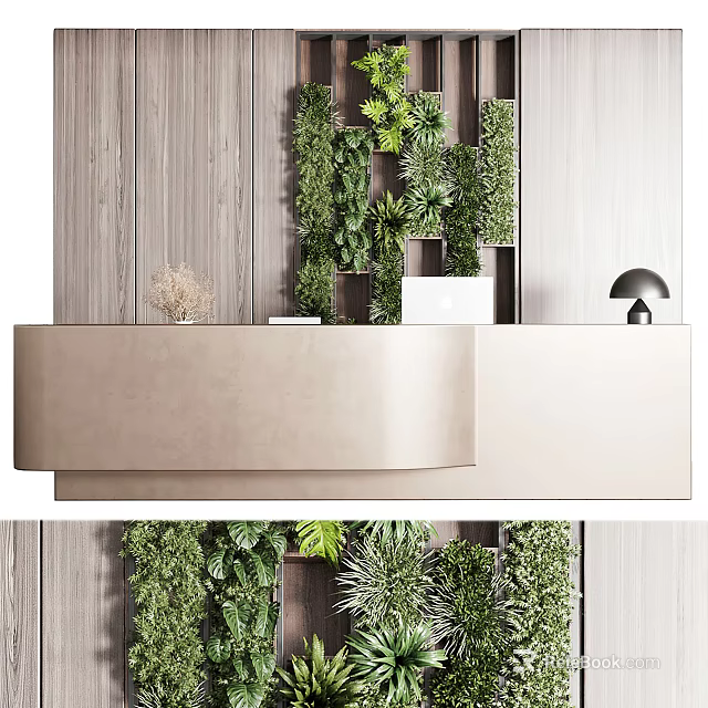 Modern Reception Desk With Vertical Living Wall Wooden Panel Laptop And Table Lamp 3d model 