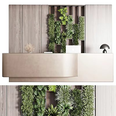Modern Reception Desk With Vertical Living Wall Wooden Panel Laptop And Table Lamp 3d model