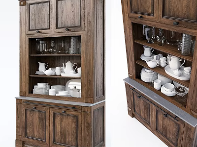 Wooden Sideboard with Open Shelves and Cabinet Doors Holding White Dinnerware and Glassware 3d model