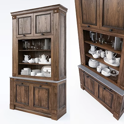 Wooden Sideboard with Open Shelves and Cabinet Doors Holding White Dinnerware and Glassware 3d model