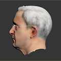 Man with gray white hair wearing glasses 3D model head on dark background with reflection